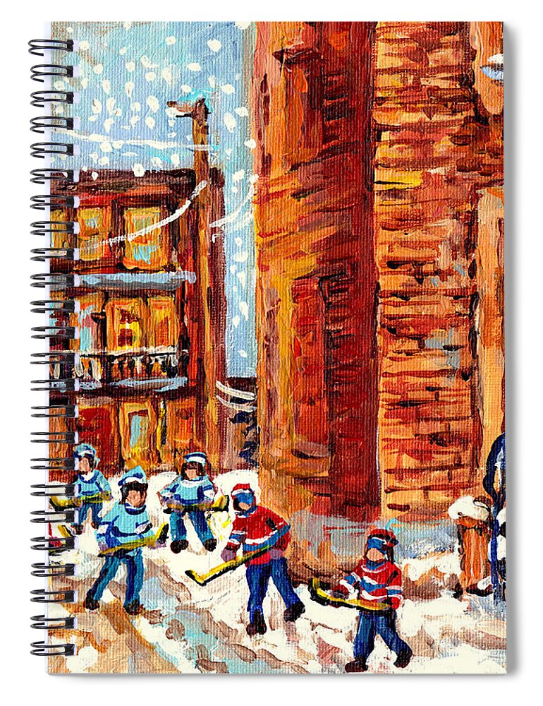  Spiral Notebook featuring the painting Laneway Street Hockey Game Kids Winter Fun Snow Falling Montreal Art Scene C Spandau Canadian Artist by Carole Spandau