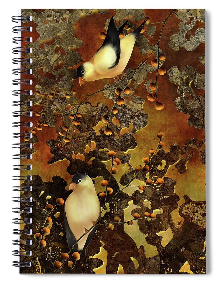 Chinoiserie Spiral Notebook featuring the digital art Lantern Chinoiserie Goldfinches and Berries by Sand And Chi