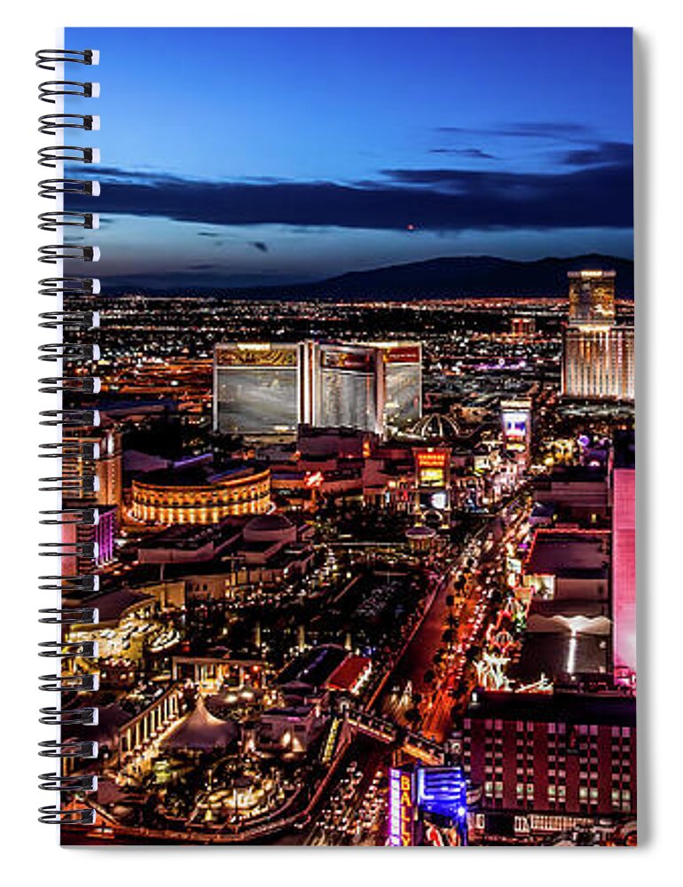 America Spiral Notebook featuring the photograph Las Vegas strip, HDR at night bird's eye view by Jean-Luc Farges