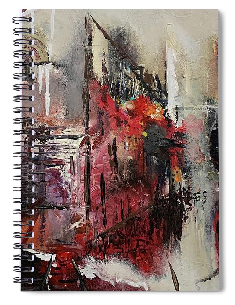 Late Night Walking Abstract Painting Acrylic On Canvas Print Miroslaw Chelchowski Couple Walking Lovers Street Buildings Museum Love Town Wall Colors Red Black Dark City Spiral Notebook featuring the painting Late night walking by Miroslaw Chelchowski