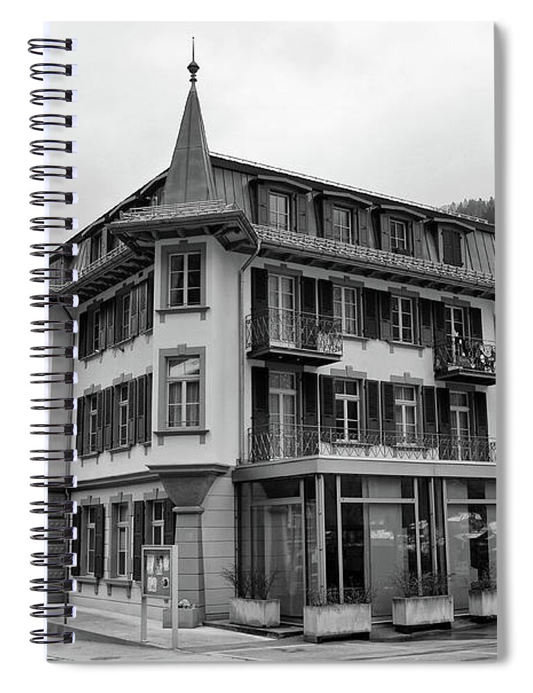 Lauterbrunnen Spiral Notebook featuring the photograph Lauterbrunnen Switzerland Town Architecture Jungfrau Region Black and White by Shawn O'Brien