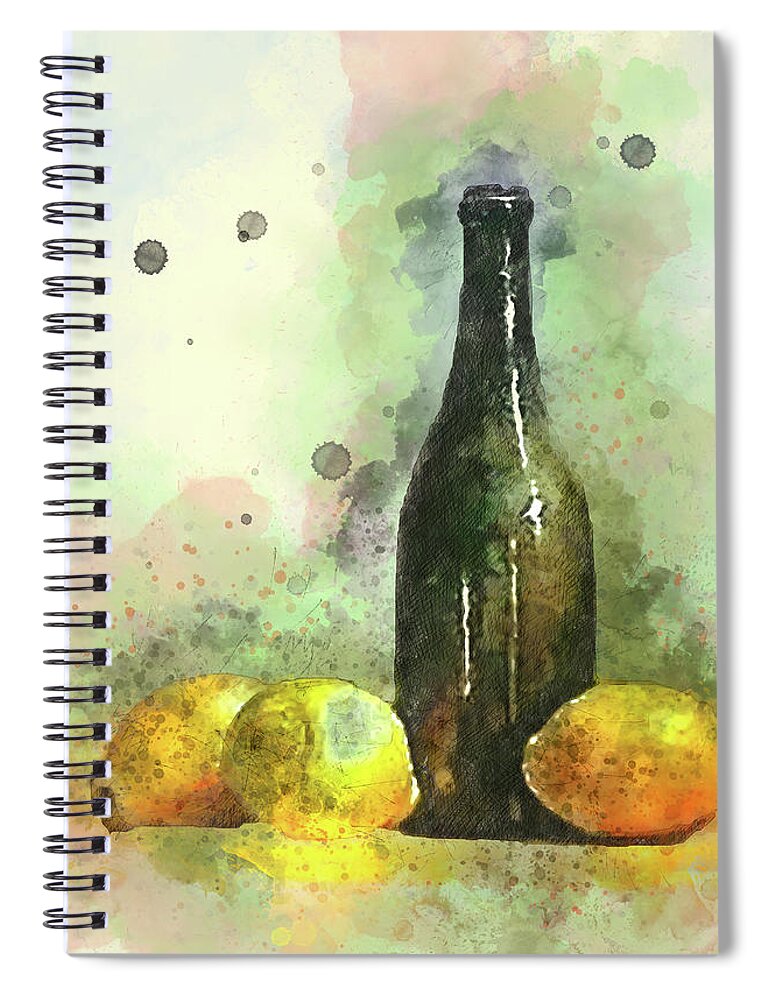 Lemons And Bottle Spiral Notebook featuring the mixed media Lemons and Bottle by Pheasant Run Gallery