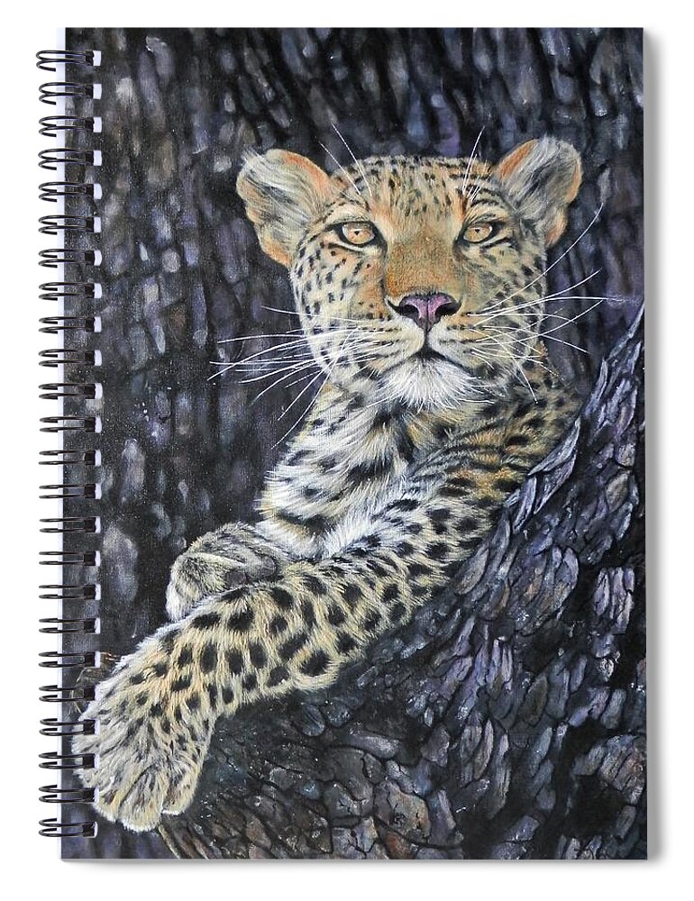Leopard Spiral Notebook featuring the painting Leopard Lookout by John Neeve