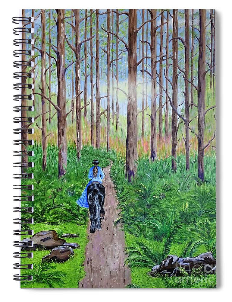Woods Spiral Notebook featuring the painting Liam's first ride in the woods by Lisa Rose Musselwhite