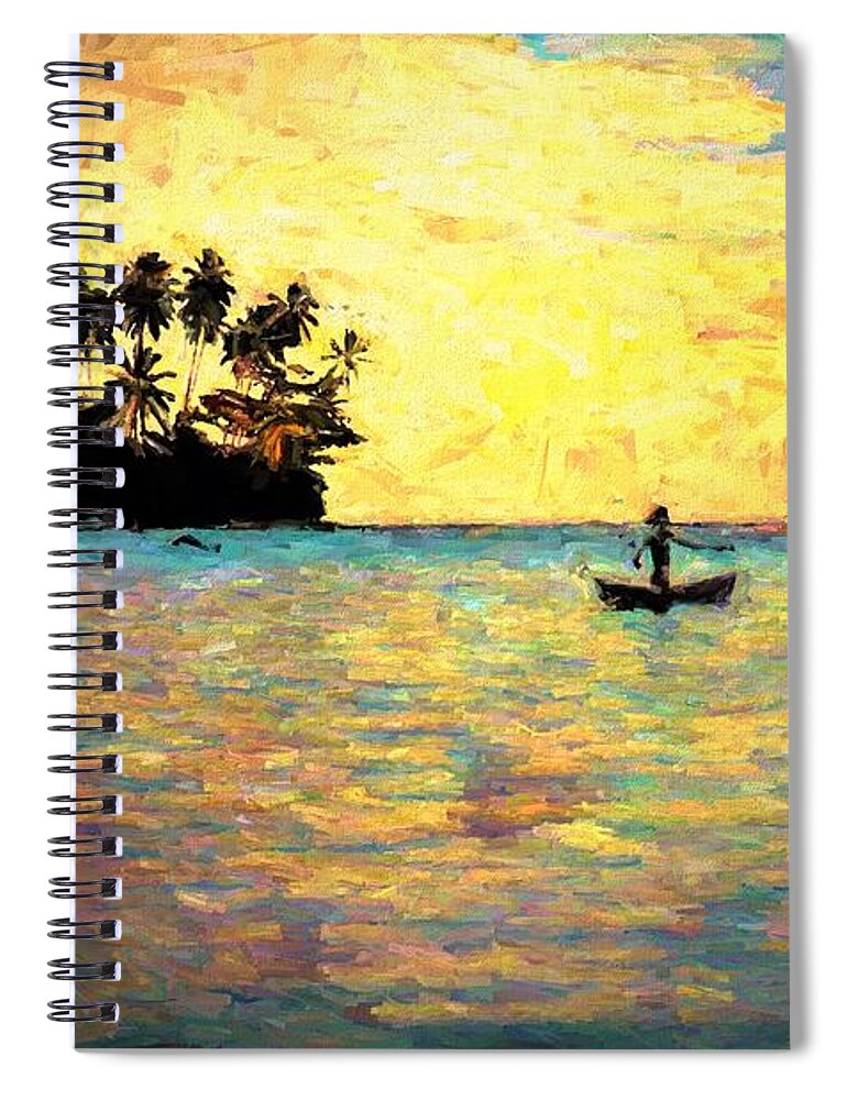 View Spiral Notebook featuring the mixed media Liapari Island Fishing In The Lagoon by Joan Stratton