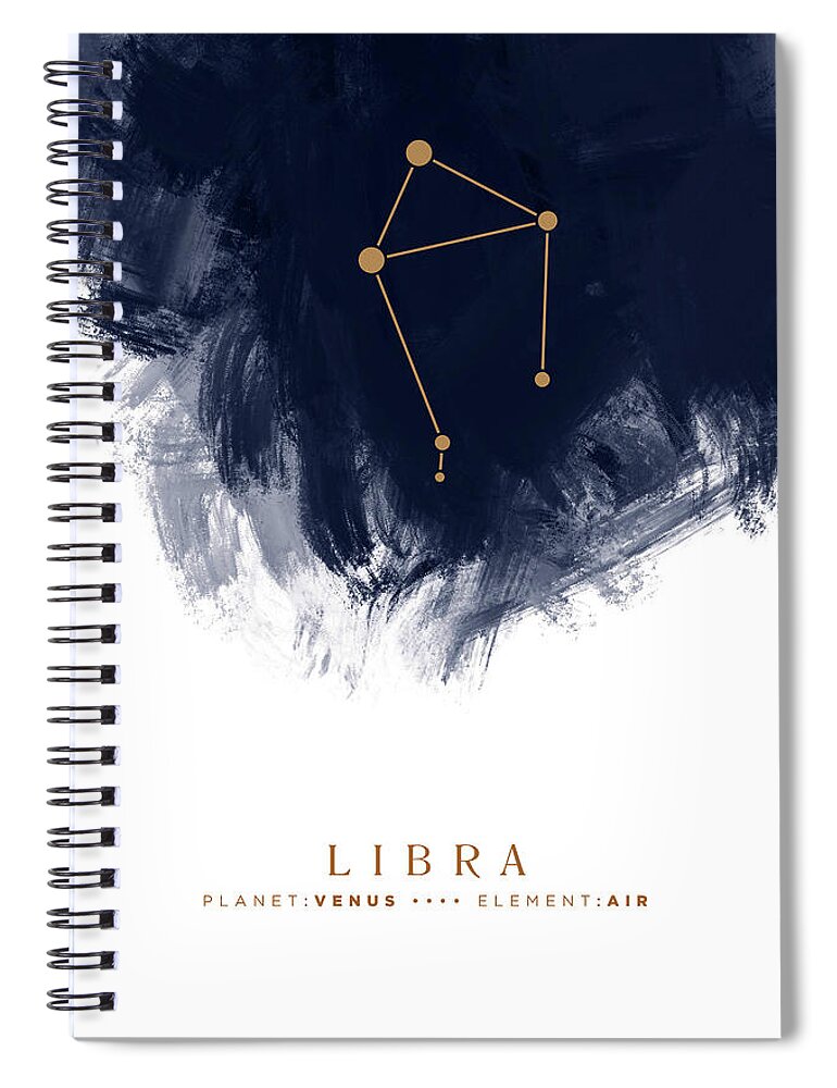 Libra Spiral Notebook featuring the mixed media Libra Zodiac Sign - Minimal Print - Zodiac, Constellation, Astrology, Good Luck, Night Sky - Blue by Studio Grafiikka