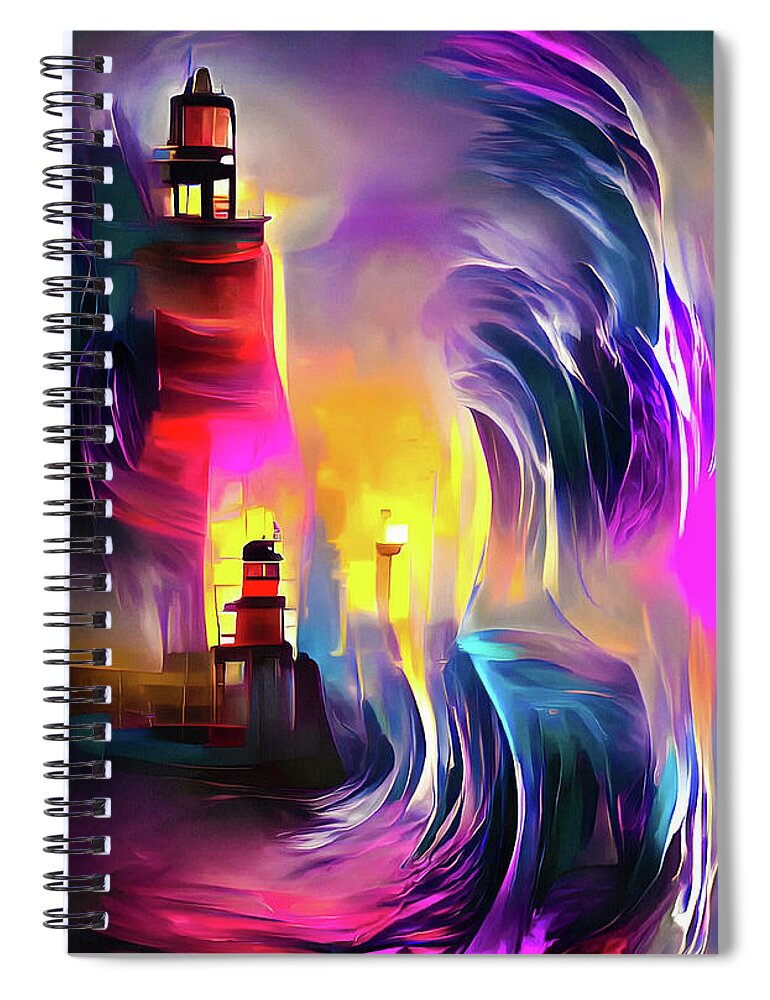 Lighthouse Spiral Notebook featuring the digital art Lighthouse 02 Huge Waves by Matthias Hauser