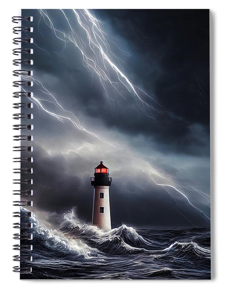 Lighthouse Spiral Notebook featuring the digital art Lighthouse 08 Waves and Thunderstorm by Matthias Hauser