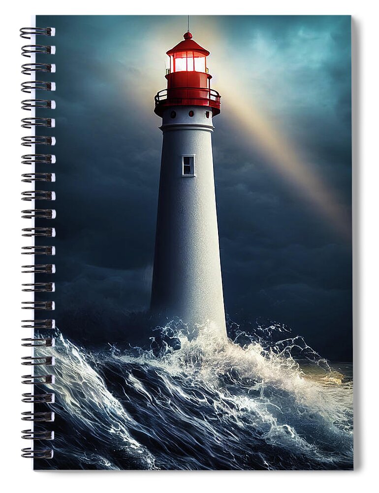 Lighthouse Spiral Notebook featuring the digital art Lighthouse 09 Ocean Waves by Matthias Hauser