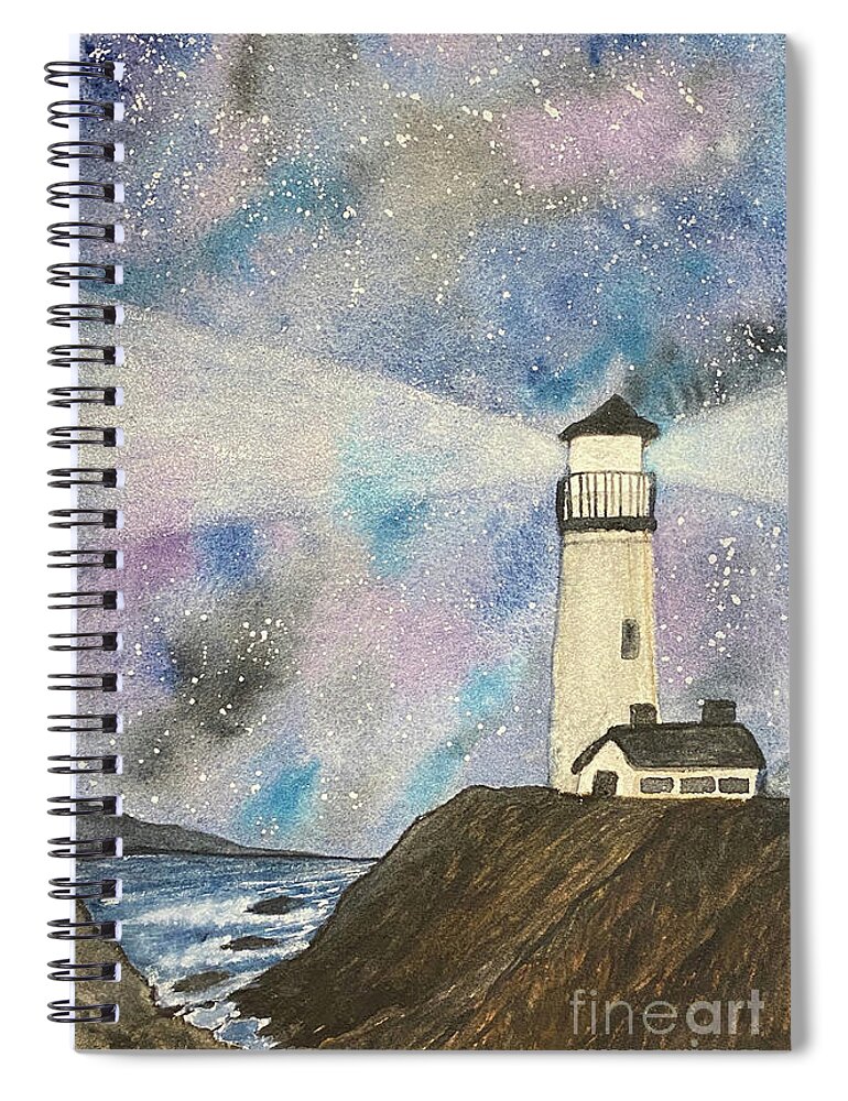 Lighthouse Spiral Notebook featuring the painting Lighthouse at Night by Lisa Neuman