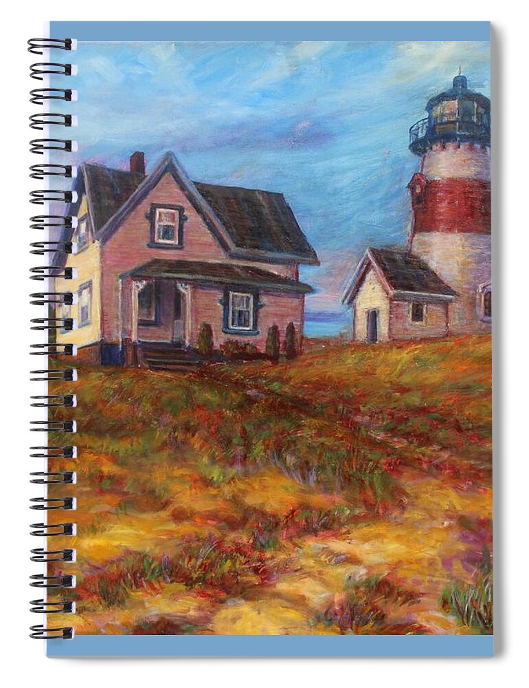 Coastal Scene Spiral Notebook featuring the painting Lighthouse On The New England Coast by Veronica Cassell vaz