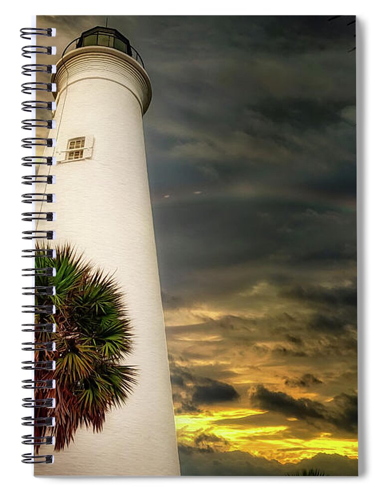 Lighthouse Spiral Notebook featuring the mixed media Lighthouse Rainbow by DB Hayes