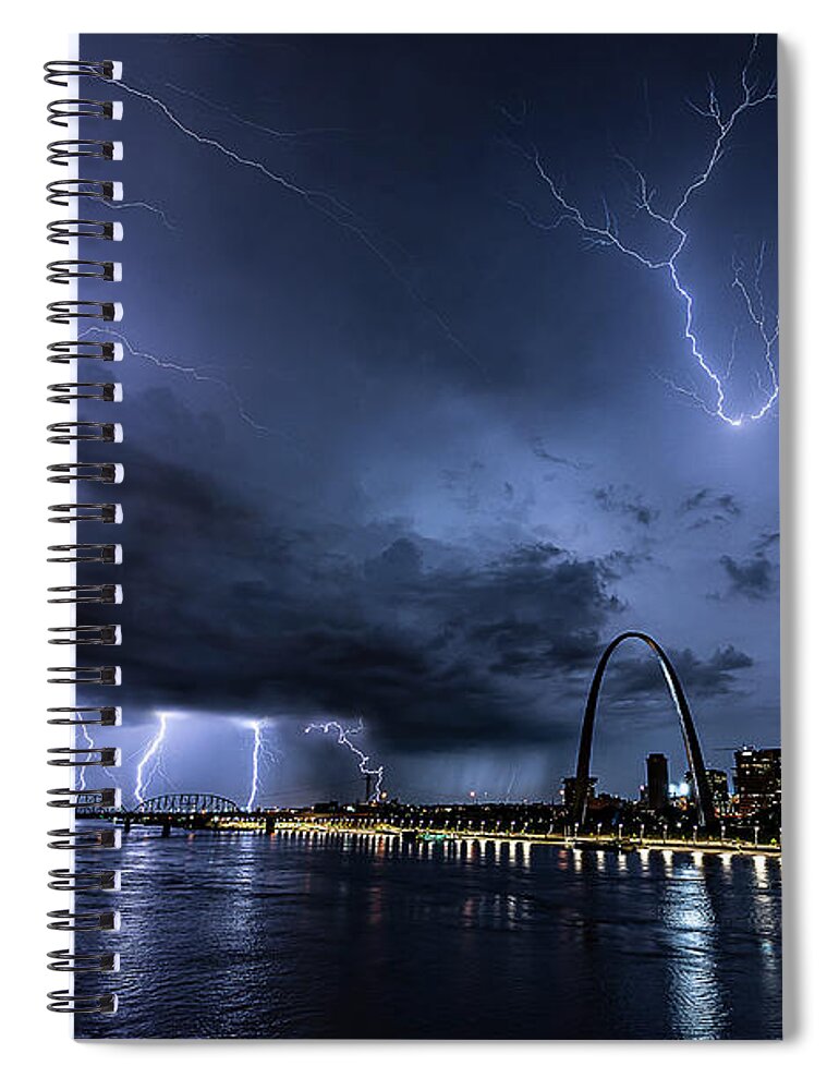 Lightning Spiral Notebook featuring the photograph Lightning At The Riverfront by Marcus Hustedde