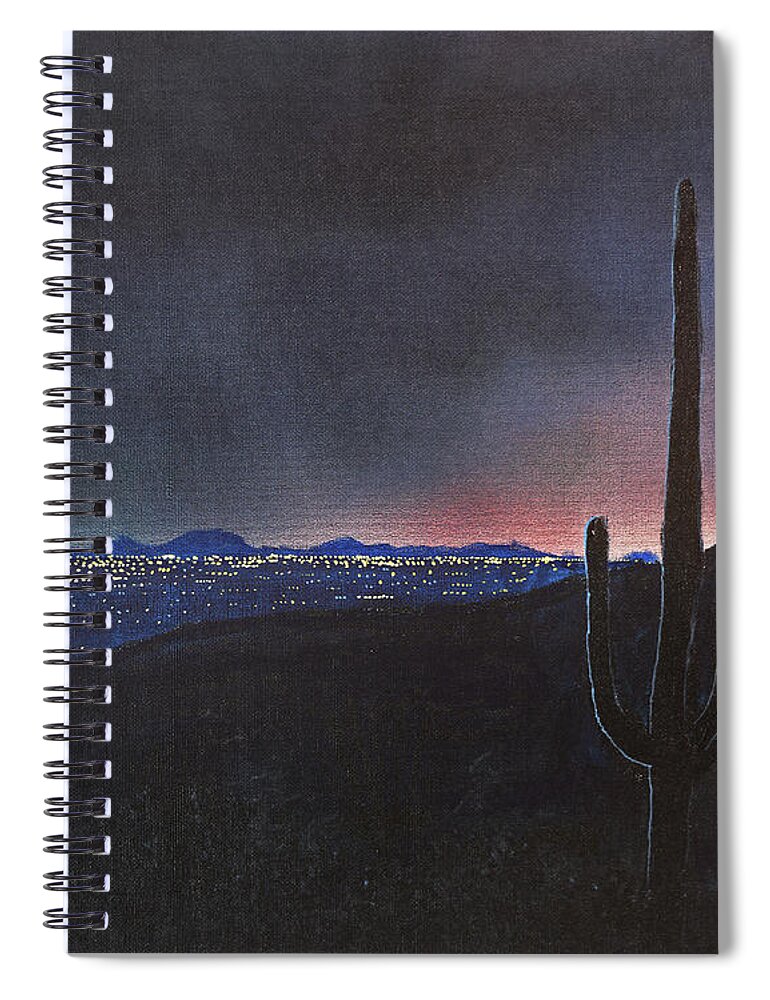 Tucson Spiral Notebook featuring the painting Lights of Tucson, Arizona with Saguaro Cactus by Chance Kafka