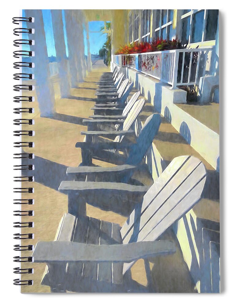 Clouds Spiral Notebook featuring the photograph Line of Adirondack Chairs Watercolors Painting by Debra and Dave Vanderlaan