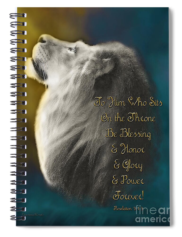 Lion; Judah; Worship; Prophetic; Revelation; Jesus; Christ; Throne; Adoration; Praise; Father; Abba; Lion Of Judah Art Spiral Notebook featuring the painting Lion On The Throne in Aqua by Constance Woods