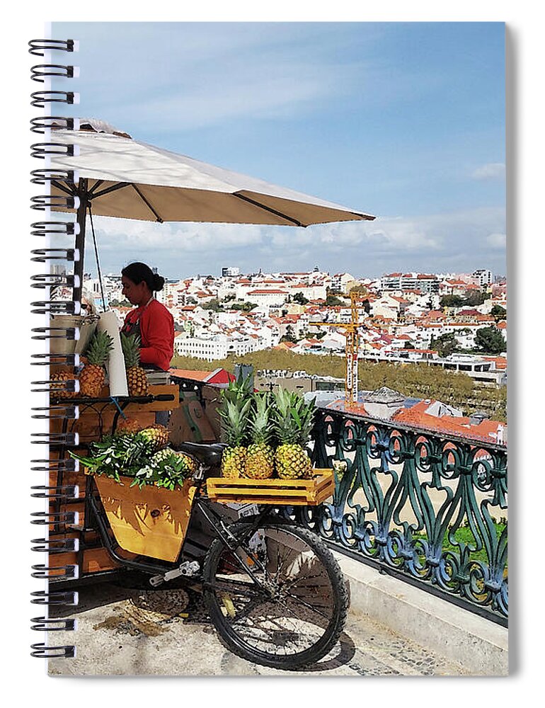Umbrella Spiral Notebook featuring the digital art Lisbon Pineapple Stand With Bicycle And Umbrella Historical Downtown View by Irina Sztukowski