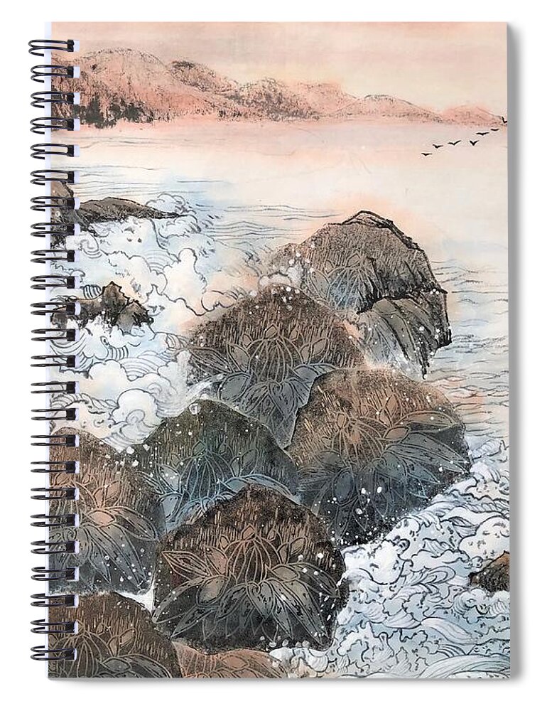 Waves Spiral Notebook featuring the painting Listening to Pounding Waves by Vina Yang