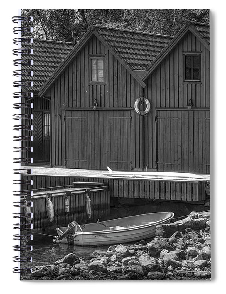 Barns Spiral Notebook featuring the photograph Little Fishing Huts Black and White by Debra and Dave Vanderlaan