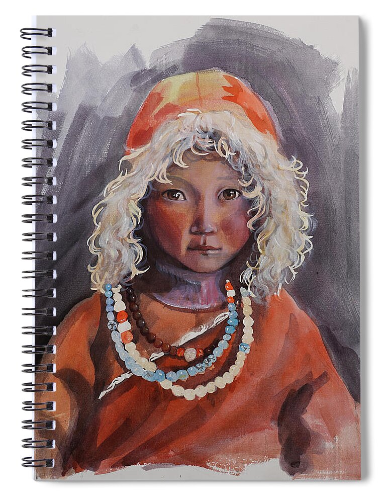 Little Girl Spiral Notebook featuring the painting Little Girl by Munkhzul Bundgaa