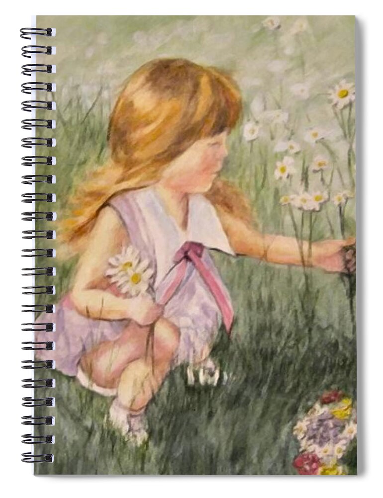 Little Girl Painting Spiral Notebook featuring the mixed media Little Girl Picking Flowers by Kelly Mills