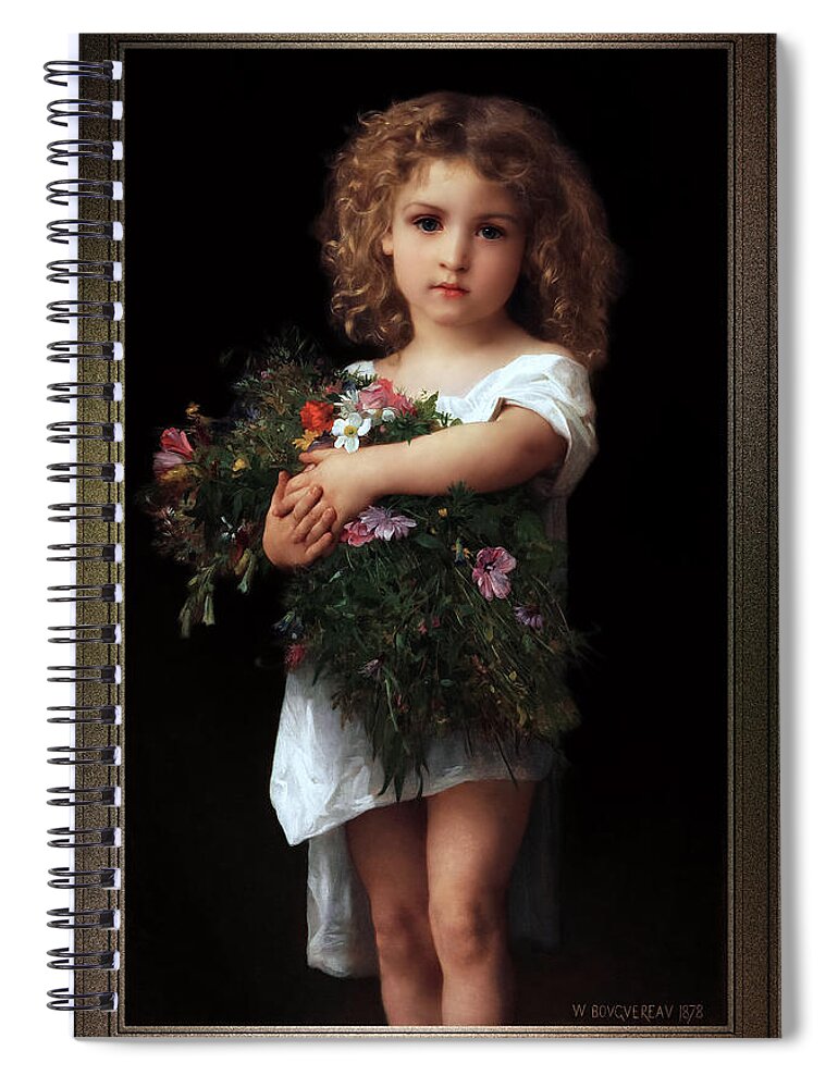 Little Girl With Flowers Spiral Notebook featuring the painting Little Girl With Flowers by William-Adolphe Bouguereau by Xzendor7
