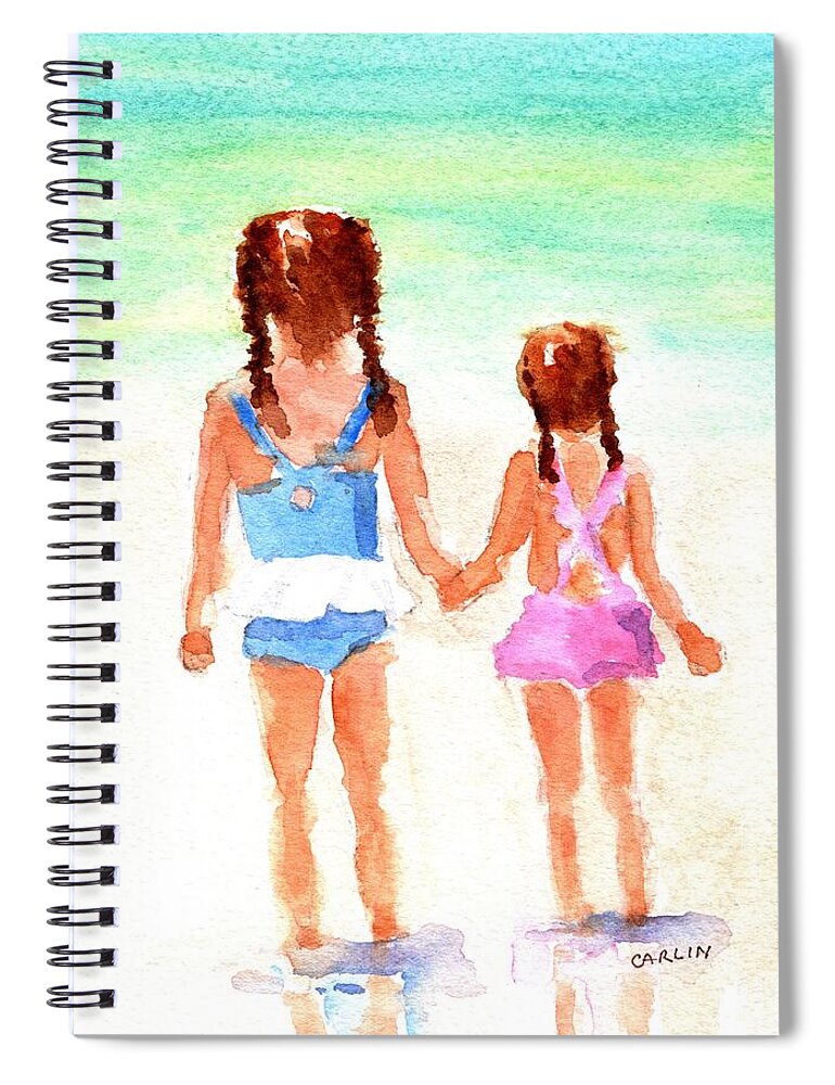 Little Sisters Spiral Notebook featuring the painting Little Girls at the Beach by Carlin Blahnik CarlinArtWatercolor