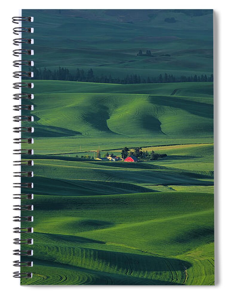 Little Red Barn In A Sea Of Green Spiral Notebook featuring the photograph Little red barn in a sea of green by Lynn Hopwood