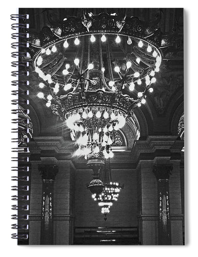 Liverpool Spiral Notebook featuring the photograph  LIVERPOOL. St. Georges Hall. Chandlier. by Lachlan Main