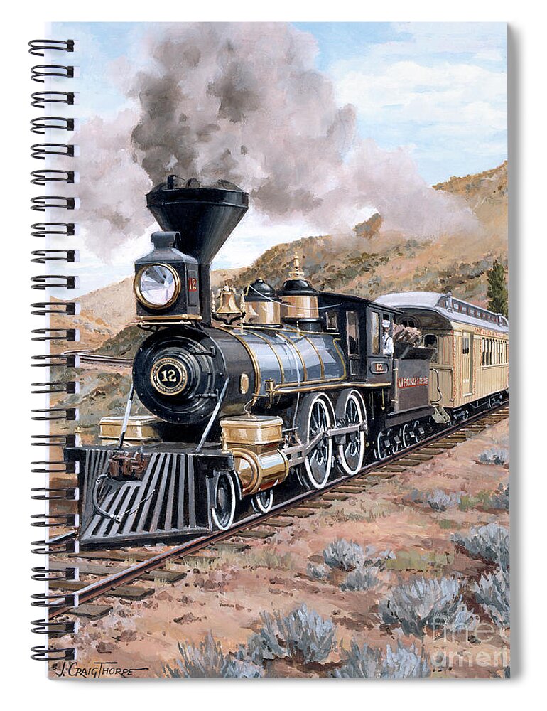 J Craig Thorpe Spiral Notebook featuring the painting Locomotives - Nevada's Virginia And Truckee Railroad 4-4-0 Type Engine Number 12 The Genoa by J Craig Thorpe
