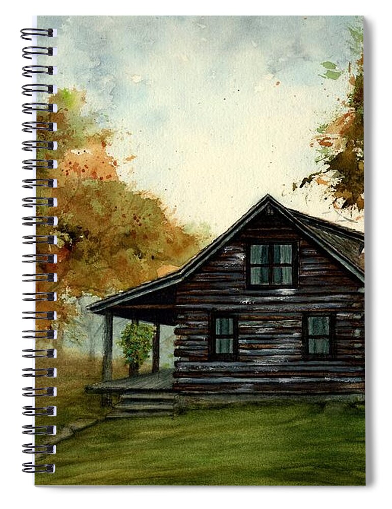 Cabin Spiral Notebook featuring the painting Log cabin by the lake in Autumn gk by Janine Riley