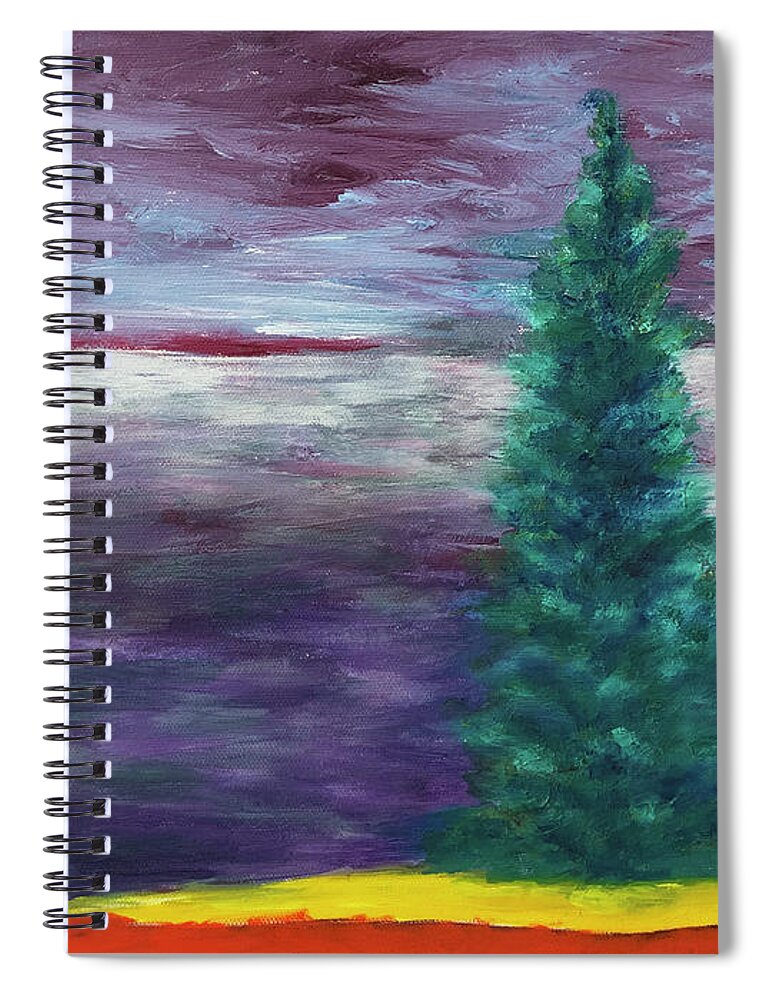 Landscape Spiral Notebook featuring the painting Lone Fir Tree by Karin Eisermann