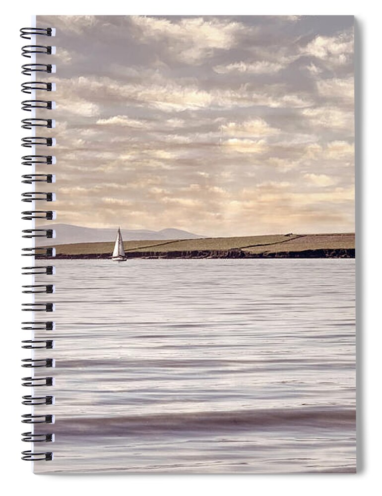 Boats Spiral Notebook featuring the photograph Lone White Sailboat in Ireland in Neutral Vintage Tones by Debra and Dave Vanderlaan