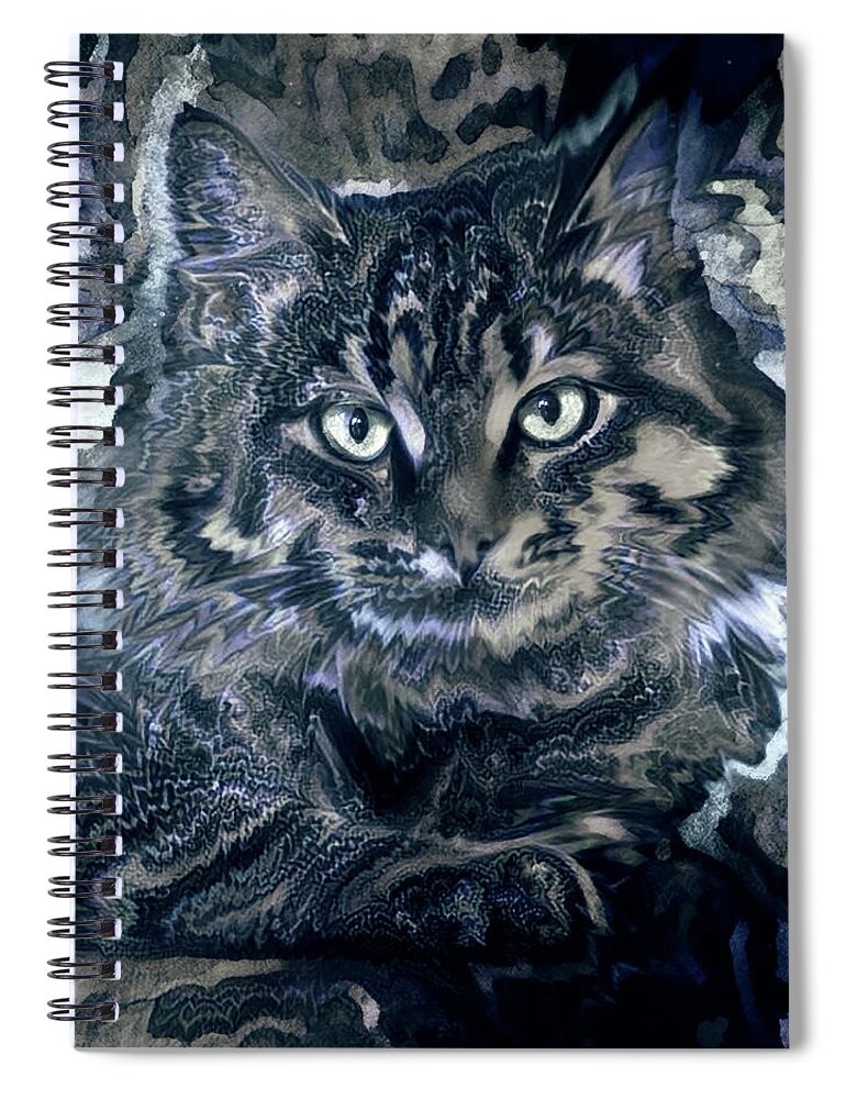 Tabby Cat Spiral Notebook featuring the digital art Long Haired Tabby Cat - Monotone by Peggy Collins