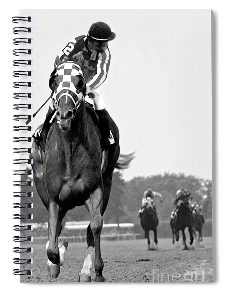 Looking Back Spiral Notebook featuring the painting Looking back, 1973, Secretariat, stretch run, Belmont Stakes by Thomas Pollart