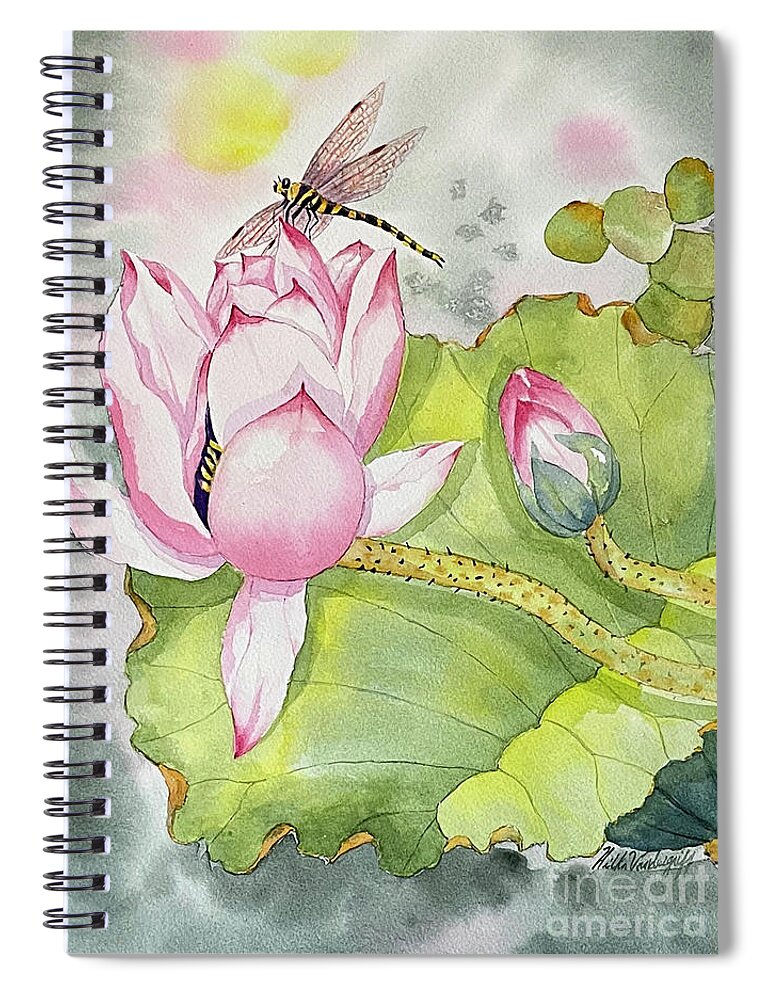 Lotus Spiral Notebook featuring the painting Lotus and Dragonfly by Hilda Vandergriff