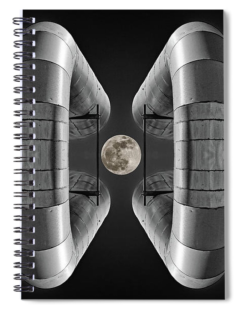 Lunar Spiral Notebook featuring the photograph Lunaroyal - mirrored Uniroyal Building Industrial ductting with full moon - wide version by Peter Herman