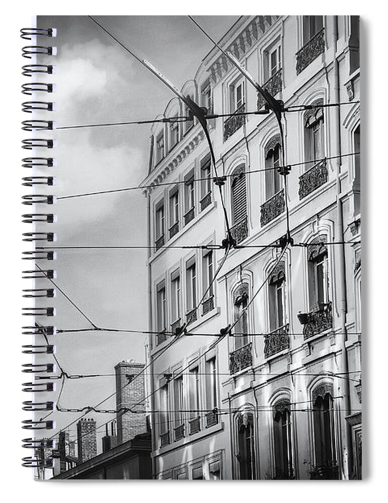 Lyon Spiral Notebook featuring the photograph Lyon France Through a Web of Tram Lines Black and White by Carol Japp