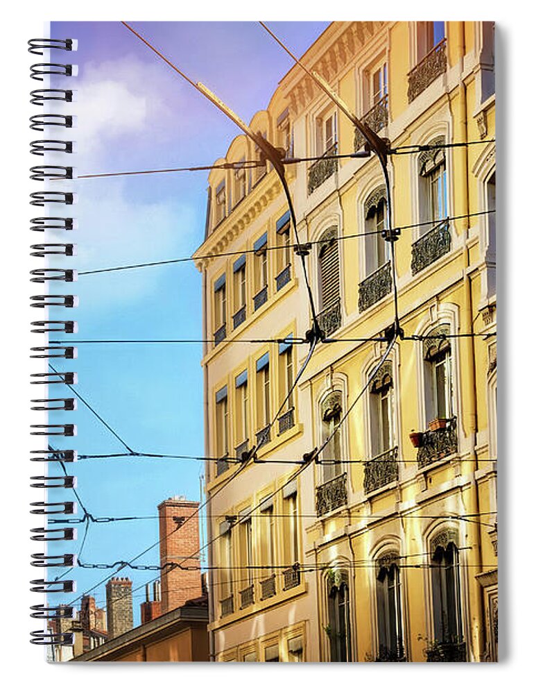 Lyon Spiral Notebook featuring the photograph Lyon France Through a Web of Tram Lines by Carol Japp