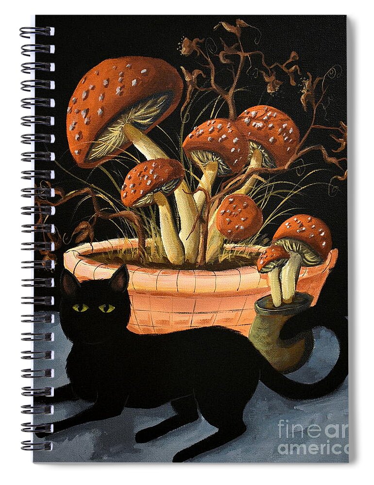 Mushroom Spiral Notebook featuring the painting Magic Mood  cat mushrooms by Debbie Criswell