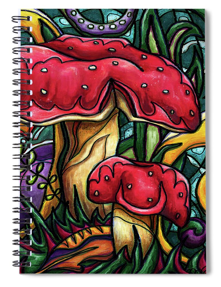 Magic Mushroom Spiral Notebook featuring the painting Magic mushrooms painting, colorful mushrooms by Nadia CHEVREL