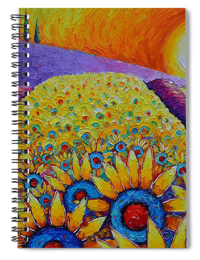 Provence Spiral Notebook featuring the painting MAGIC OF PROVENCE SUNFLOWERS AND LAVENDER FIELDS landscape commissioned painting Ana Maria Edulescu by Ana Maria Edulescu