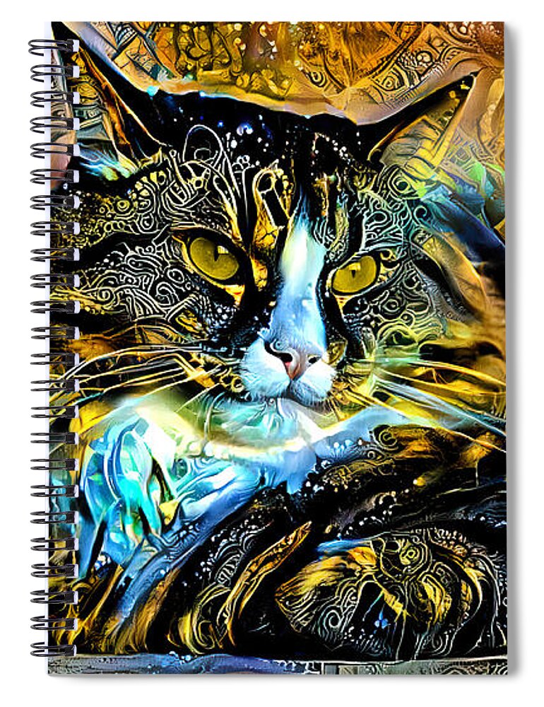 Maine Coon Spiral Notebook featuring the digital art Maine Coon cat lying down - golden night design by Nicko Prints