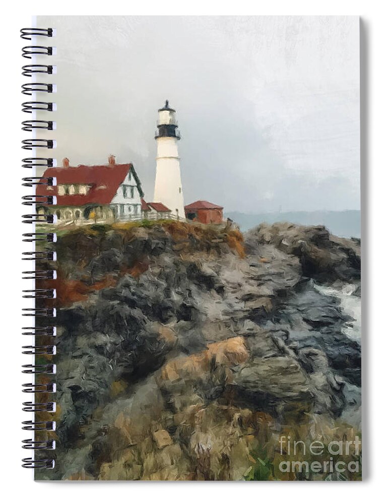 Maine Lighthouse Spiral Notebook featuring the painting Maine Lighthouse by Gary Arnold