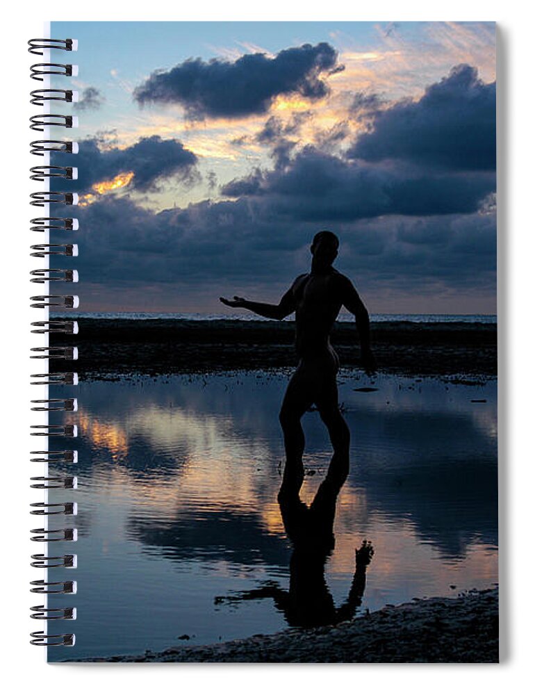 Young Spiral Notebook featuring the photograph Male Nude Silhouette in Water at Sunset by Gunther Allen