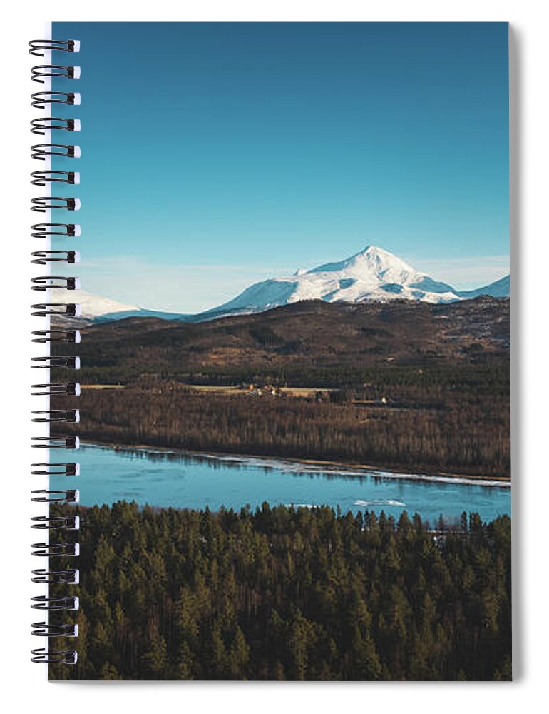 Touristic Spiral Notebook featuring the photograph Malselva River with a reflection on the snow-covered hills by Vaclav Sonnek