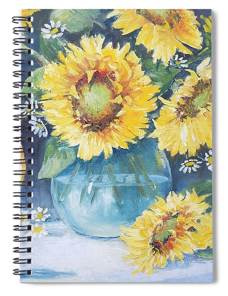 Sunflowers Autumn Coffee Harvest Spiral Notebook featuring the painting Mama's Cup with Sunflowers by ML McCormick