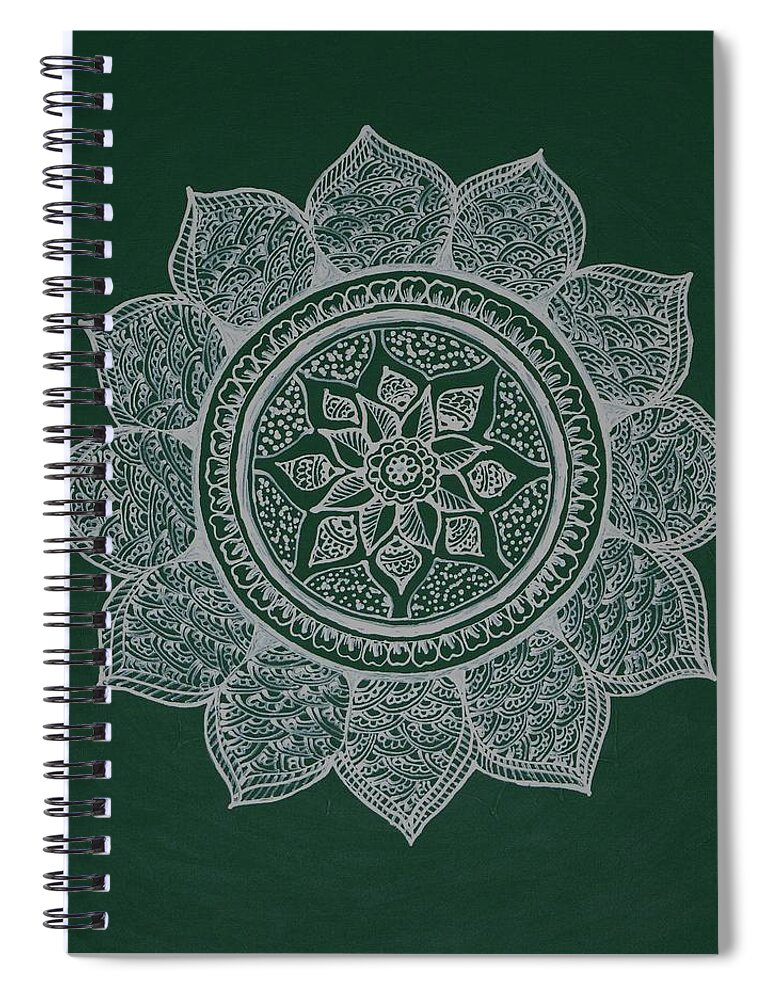Lotus Spiral Notebook featuring the painting Mandala-Green by Bnte Creations