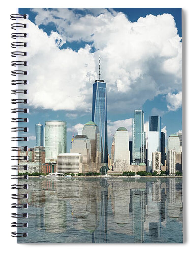 America Spiral Notebook featuring the photograph Manhattan skyline, reflection on Hudson river by Jean-Luc Farges