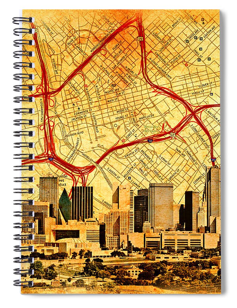 Dallas Spiral Notebook featuring the digital art Map of Downtown Dallas with the skyline of the city blended on old paper by Nicko Prints